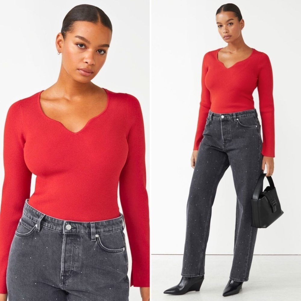& Other Histories Red Fitted Sweetheart Neck Long Sleeve Top Size EUR Large